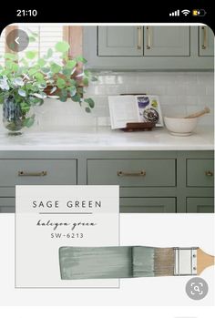 sage green kitchen cabinets with white counter tops and gold pulls on the handles, along with a painting brush