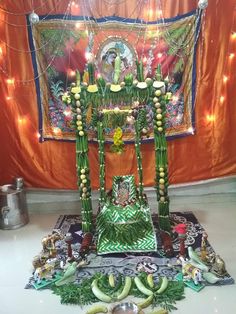 the altar is decorated with bananas and flowers