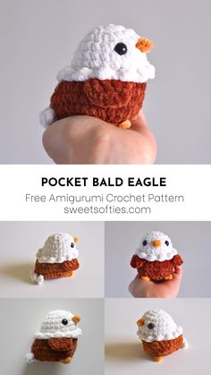 Pocket Bald Eagle · Free No-Sew Amigurumi Crochet Pattern - Sweet Softies Pelican Crochet Pattern, Emotional Support Dumpster Fire Crochet Pattern Free, Crochet Pocket Amigurumi, Eagle Amigurumi Free Pattern, Amigurumi Free Pattern Bulky Yarn, Crochet Bald Eagle, Crocheted Amigurumi Free Patterns, Pigeon Crochet Pattern, Crochet Eagle Pattern Free