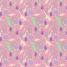 a pink and green pattern with sea animals on it