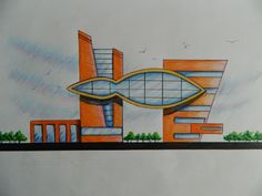 a drawing of a fish in front of a building