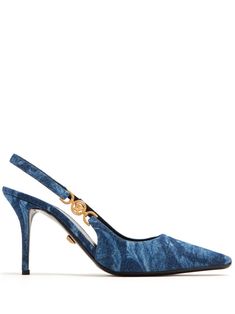 Find VERSACE Medusa '95 85mm Barocco-jacquard Pumps on Editorialist. indigo blue/blue goatskin/calf leather Barcocco jacquard elasticated slingback strap gold-tone Medusa '95 hardware square toe branded leather insole high stiletto heel Vintage Designer Shoes, Dark Blue High Heels, Blue Pumps Heels, Versace Pumps, Versace Heels, Versace Blue, Aquazzura Heels, Denim Heels, Ysl Heels