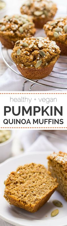 healthy and vegan pumpkin quinoa muffins on a white plate with text overlay