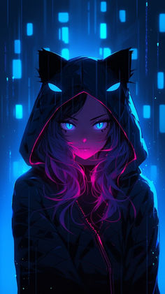 a girl with long hair wearing a hoodie and cat ears on her head in the rain