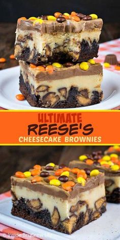 two pieces of chocolate cheesecake brownies on a plate with candy corn and reese's