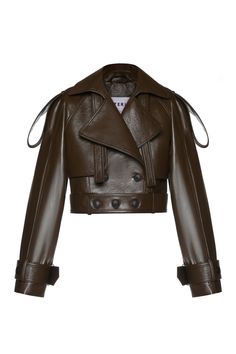 Eco leather oversized crop jacket. Double-breasted. Buttoned waist belt and sleeves. Belt decoration on the neck and shoulders. Functional pockets. Decor slit-cut at the back. Lined. Color: brown. Shell: 100% Polyester with PU coating Lining: 100% Polyester Made in Georgia Coats For Women Aesthetic, Olive Leather Jacket, Nude Moodboard, Cookout Outfits, Leather Top Outfit, Unique Leather Jacket, Feminine Black Women, Moto Jacket Outfit, Belt Jacket