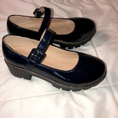 Very Nicely Made Dark Blue Patent Leather Mary Jane Style Of Shoes. Buckle Fastener On Outside Of Each Shoe. Chunky Rubber Soles Have 2-Inch Heel And 1 1/8” Thick Sole. Cushioned Insoles. Overall, These Shoes Look Sturdy And Nicely Crafted. Shoes Are New Without Tags Or Box. There Is No Name Brand On Them. There Is Also No Size Printed On Them. I Carefully Measured The Inside Of The Sole, From The Tip Of The Toe To The End Of The Heel. It Comes Out To 9 1/8”, Which Is The Measurement For Women’s Mary Janes Styled, Purple Mary Janes, Thrift Shoes, Dark Blue Shoes, Thrifted Shoes, School Uniform Shoes, Y2k Shoes, Study Stationery, Ankle Strap Flats