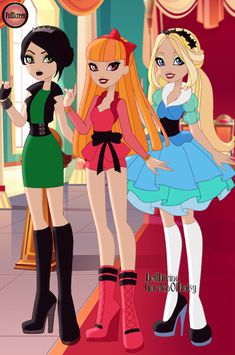 three cartoon girls standing next to each other on a red carpet