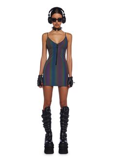 cuz you're bringing shockwaves into the rave vortex, babe! Cause a frenzy in this sikk AF mini dress that has a rainbow reflective material, adjustable cami straps, N' a front zip closure with an O-ring pull. Reflective Dress, Holographic Accessories, Rave Dress, Rave Clothes, Reflective Material, Rave Wear, Beauty Accessories, Dolls Kill, Platform Shoes