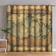 an old world map with the names of countries on it curtain set in a living room