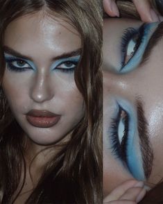 Ocean Inspired Makeup Looks, Blue Eyeshadow Looks For Brown Eyes, Blue Creative Makeup, Duochrome Eyeshadow Looks, Blue Mascara Makeup, Alt Makeup, Pinterest Makeup