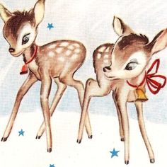 two baby deer standing next to each other on a snow covered ground with stars in the background