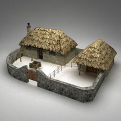 an old stone house with straw roof and thatched roof, in the middle of a white background