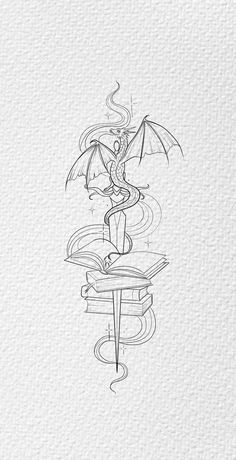 a drawing of a woman holding an umbrella and standing on top of a pile of books