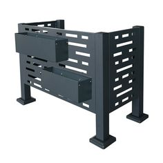 a black metal rack with two drawers on each side