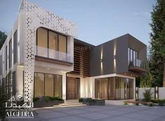 this is an artist's rendering of a modern house in the evening time,