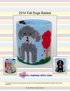 a basket with a dog on it and two pictures of the same item in front