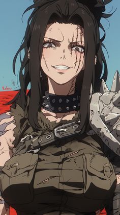 an anime character with long black hair and piercings