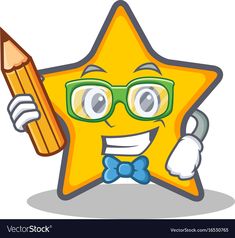 student star character holding pencil and wearing glasses