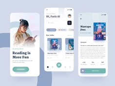 three mobile screens showing the reading is more fun app