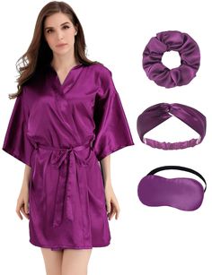 PRICES MAY VARY. AMAZING GETTING READY & HOUSE ROBES: The elegant robe for ladies will be prefect to wear while getting ready for the wedding; and it's a great robe to throw on while you are getting ready or lounging in the house in the mornings or after getting out of the shower. SIZE: Small-Medium Robe length-35.2 inch (mid-thigh length); chest-49.2 inch; 3/4 sleeve-11.0 inch. Large-X-Large Robe length-39.2 inch (mid-thigh length); chest-55.2 inch; 3/4 sleeve-11.2 inch. 2X-Large-3X-Large Robe Spring Purple Nightgown For Pajama Party, Lavender Bridesmaid Robe, Satin Sleep Robe With Satin Finish, Satin Robe With Kimono Sleeves For Sleep, Purple Silk Robe, Silky Robe, Soft Robes, Women Bride, Satin Kimono