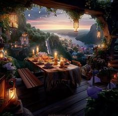 an outdoor dining area with candles lit on the table and in the background is a beautiful sunset