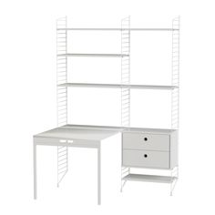 two white shelvings and a desk with drawers on each side, against a white background