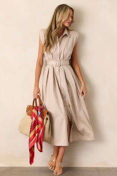 Conquer any adventure in our Days Go By Beige Belted Midi Dress. With its sleek and versatile beige design, this dress is the perfect bold statement for any journey. The belted waist adds a touch of challenge and adventure to your look. Empower yourself and stand out in this midi dress! This beige dress features built-in shoulder pads, a functional belt and a functional button front. Dress With Big Belt, September Style, Corporate Girl, September Fashion, Beige Design, Of Challenge, Halter Bridesmaid Dress, Midsize Outfits, Rush Dresses