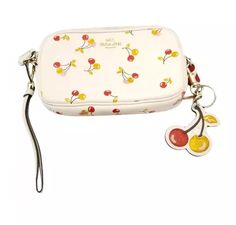 Coach White Cherry Print Crossbody/Wristlet With Cherry Charm | eBay Glitter Cherries, Cherry Charm, Cherry Design, White Cherries, Cherry Print, Charm Set, Split Ring, Dog Leash, Coach Purses