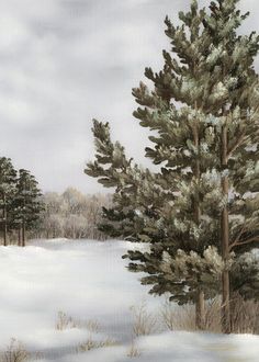 a painting of trees in the snow