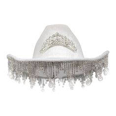 "Rhinestone cowboy hat with details of sparkling hanging gems and fringe around brim with a tiara decal to top it off. Soft velvet-like look and feel! Inside Hat Measures 7.5\" x 7\" Colors: Black Pink White" White Rhinestone Party Headpiece, Western Party Hat With Rhinestone Fringe, Tiara Decal, Bedazzled Cowboy Hat, Sparkly Cowboy Hat, Crown Cowboy Hat, Black Bride Wedding, Rhinestone Cowboy Hat, Wedding Party Dance