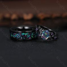 ICouples ring set galaxy black opal wedding rings set black gold twig leaf amethyst ring for women His and Her wedding band Promise ring gift -----Ring Information----- Metal Type: 925 sterling silver, Tungsten ✦ Her Ring 925 solid sterling silver with black rhodium finish (message me if you need other band color or metal, 10k/14/18k gold) Center stone: Lab black fire opal Stone size: 6x8mm oval cut (message me if you need other stones) Side stone: Amethyst ✦ Please feel free to contact me if yo Black Opal Rings, Obsidian Wedding Rings, Black Wedding Band For Women, Couples Engagement Rings, Black Opal Wedding Ring, Black Wedding Ring Sets, Matching Things, Opal Wedding Ring Set, Black Opal Engagement Ring