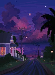 a night scene with a house and palm trees