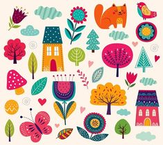 an illustration of colorful houses and trees with birds, flowers, and leaves on them