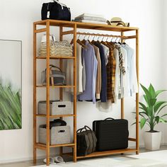 an open closet with clothes and bags hanging on the wall next to a potted plant