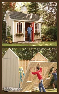 two pictures of people building a shed with windows and doors, one man is standing in the doorway