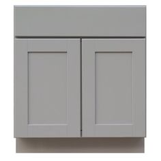 a gray cabinet with two doors and one drawer on the left side, against a white background