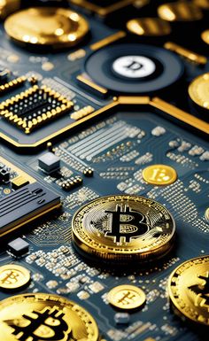 the bitcoin is sitting on top of an electronic board with gold and black parts