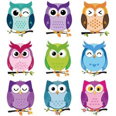 six colorful owls sitting on top of a tree branch