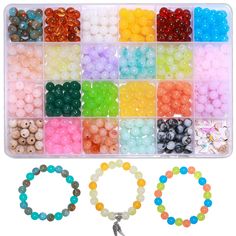 the beads and bracelets are organized in a plastic box with two different colored beads