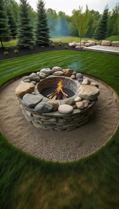 an outdoor fire pit surrounded by rocks and grass