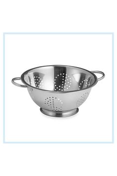 a stainless steel colander with holes in the bottom and sides, on a white background