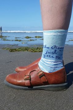 Ocean socks for women feature beautiful blue waves on a sandy beach with the words, "the Ocean just gets me!" #womenssocks #oceansocks #beachsocks Stormy Waves, Beach Socks, Deep Sea Diver, Humanitarian Work, Calm Waters, Blue Q, Rosie The Riveter, Go With The Flow, Socks For Women