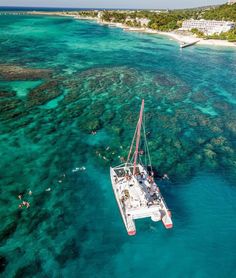 a catamaran sailing in the ocean with people swimming around and on it's side