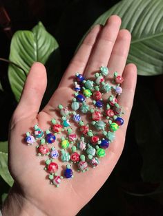 a hand is full of colorful beads on it's palm, with green leaves in the background