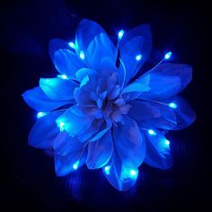 a blue flower with lights on it in the dark