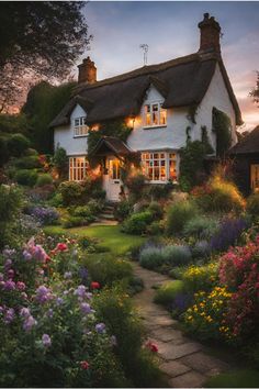 a white house with flowers in front of it and a path leading to the door