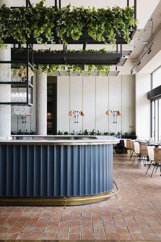 an empty restaurant with plants hanging from the ceiling