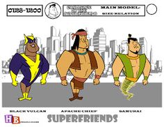 three cartoon characters standing in front of a cityscape with the words, black vulcan and