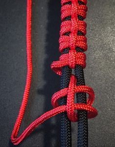 a close up of a red and black rope